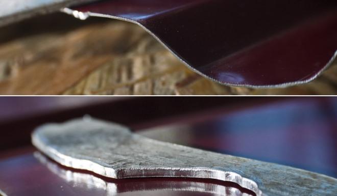 Примеры срезов насадкой оцинкованного листа (0,55 мм) и алюминия (2 мм)